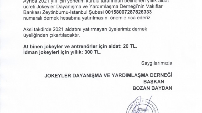 2021 YILI İDMAN JOKEYİ ÜCRETLERİ