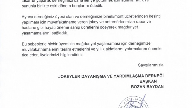 JOKEYLER DAYANIŞMA VE YARDIMLAŞMA DERNEĞİ’NDEN BİLGİLENDİRME…