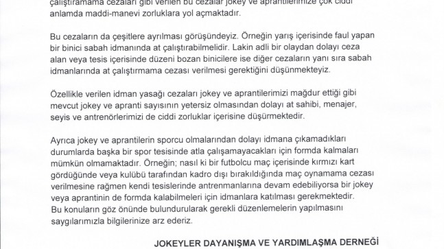 Ceza alan Jokey/aprantilerin idmanlarda at çalıştıramaması hakkında…