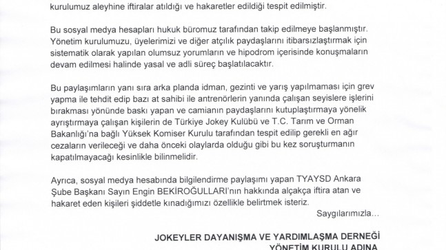 JOKEYLER DAYANIŞMA VE YARDIMLAŞMA DERNEĞİ’NDEN KAMUOYUNA AÇIKLAMA…