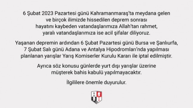 6 ve 7 Şubat 2023 günleri gerçekleştirilmesi planlanan yurt içi yarışları iptal edildi