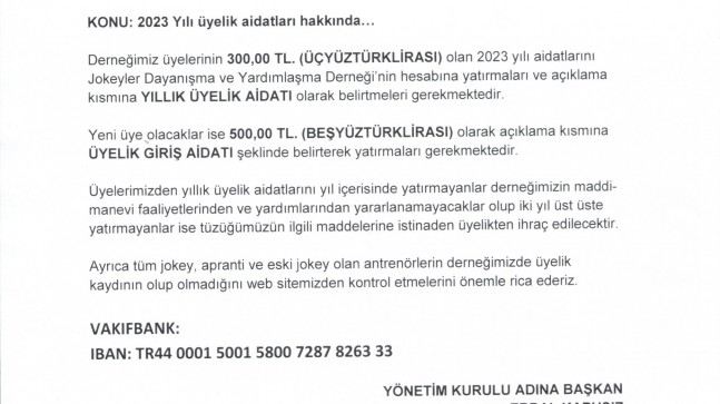 2023 Yılı üyelik aidatları hakkında…