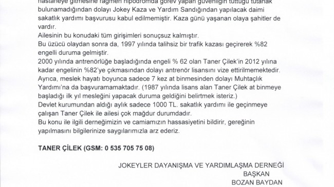 Taner Çilek’in Yardım Başvurusu Hakkında…