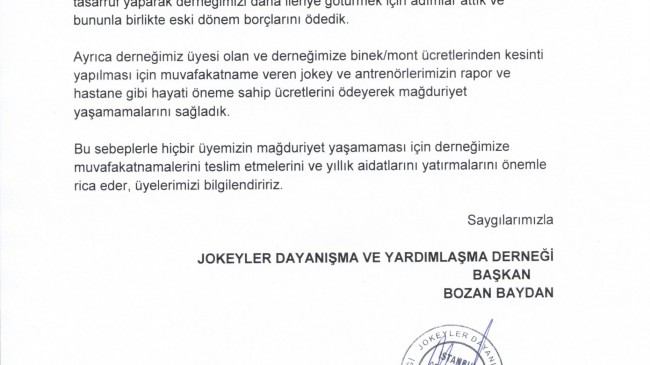 JOKEYLER DAYANIŞMA VE YARDIMLAŞMA DERNEĞİ’NDEN BİLGİLENDİRME…