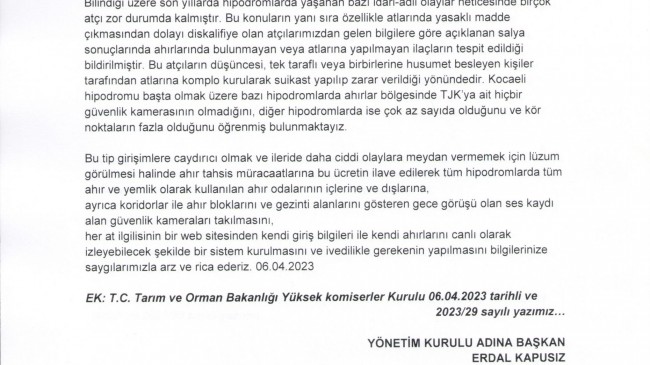 Tüm hipodromlarda ahırlara güvenlik kameraları takılması hakkında…